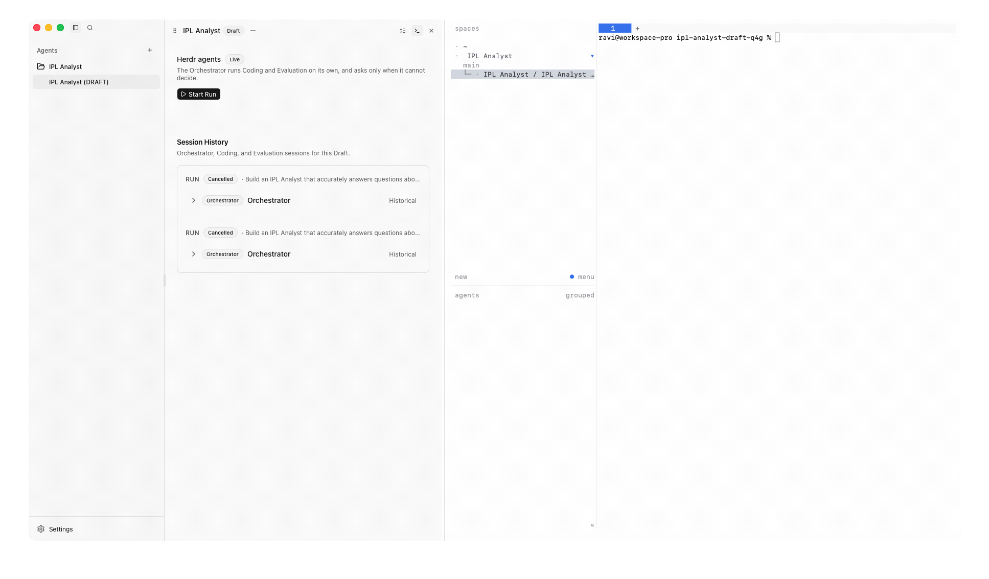 Agent Factory Draft for IPL Analyst beside a live Herdr workspace pane