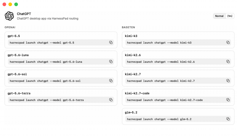 HarnezPad cycling through ChatGPT, Claude Code, and Codex launch commands