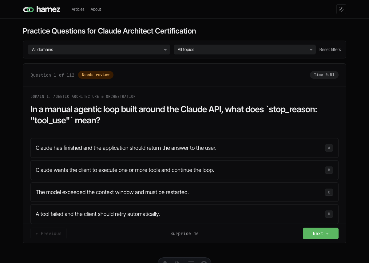 Timed multiple-choice interface with domain filters and instant explanations