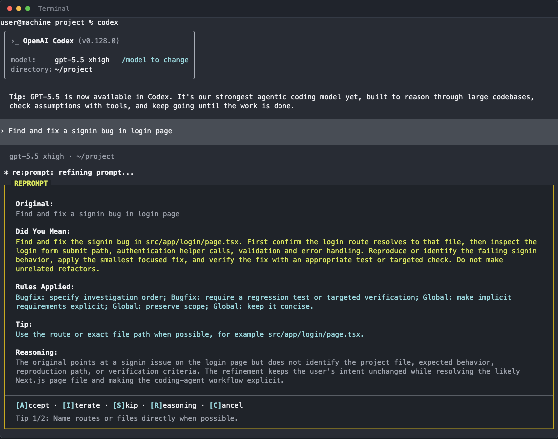 Reprompt overlay showing the refined prompt with rules and reasoning