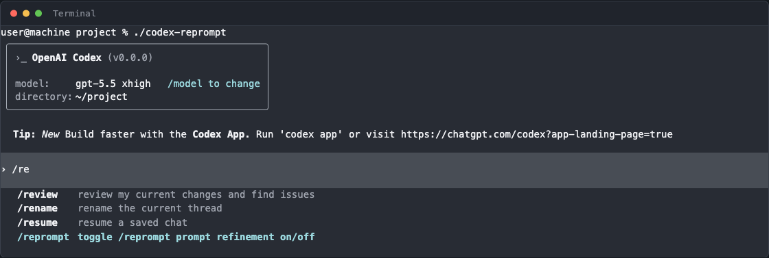 Slash command picker showing /reprompt and /review