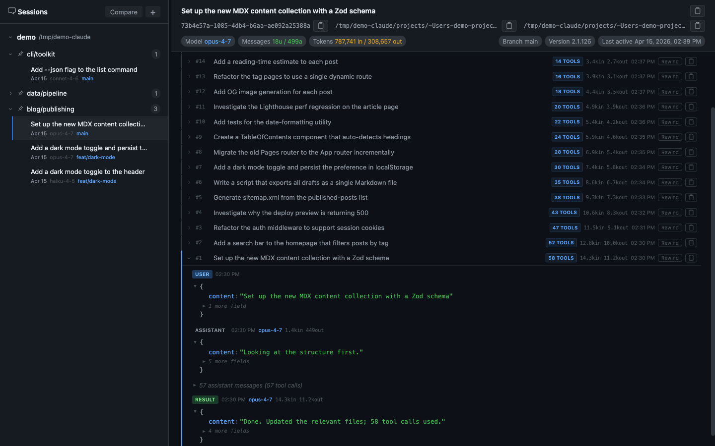 Checkpoint expanded showing collapsible tool call groups — 22 assistant messages collapsed, then the final assistant response and result