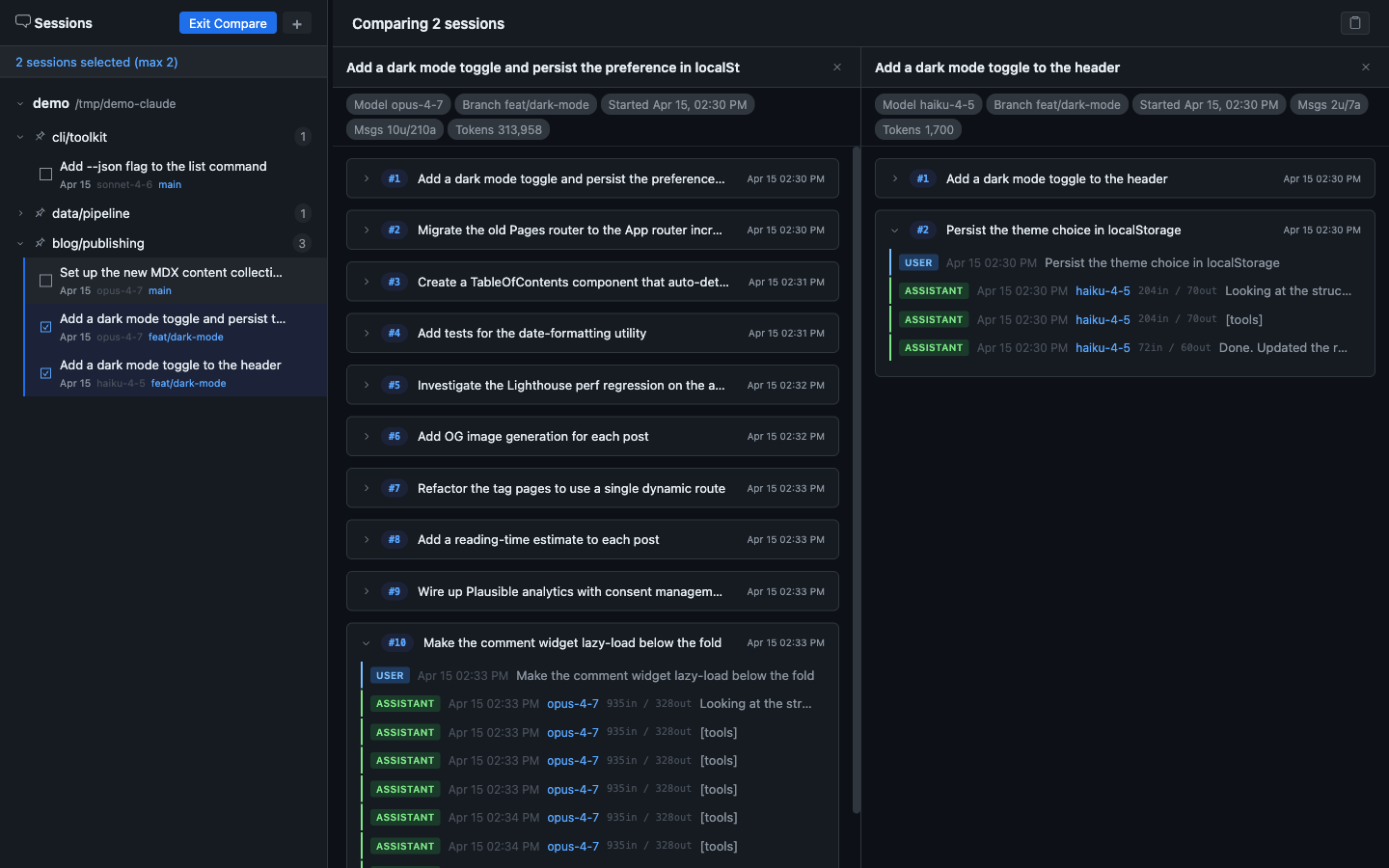 Two sessions compared side by side — a long opus-4-7 session (314k tokens) next to a short haiku-4-5 session (1.7k tokens) for the same project