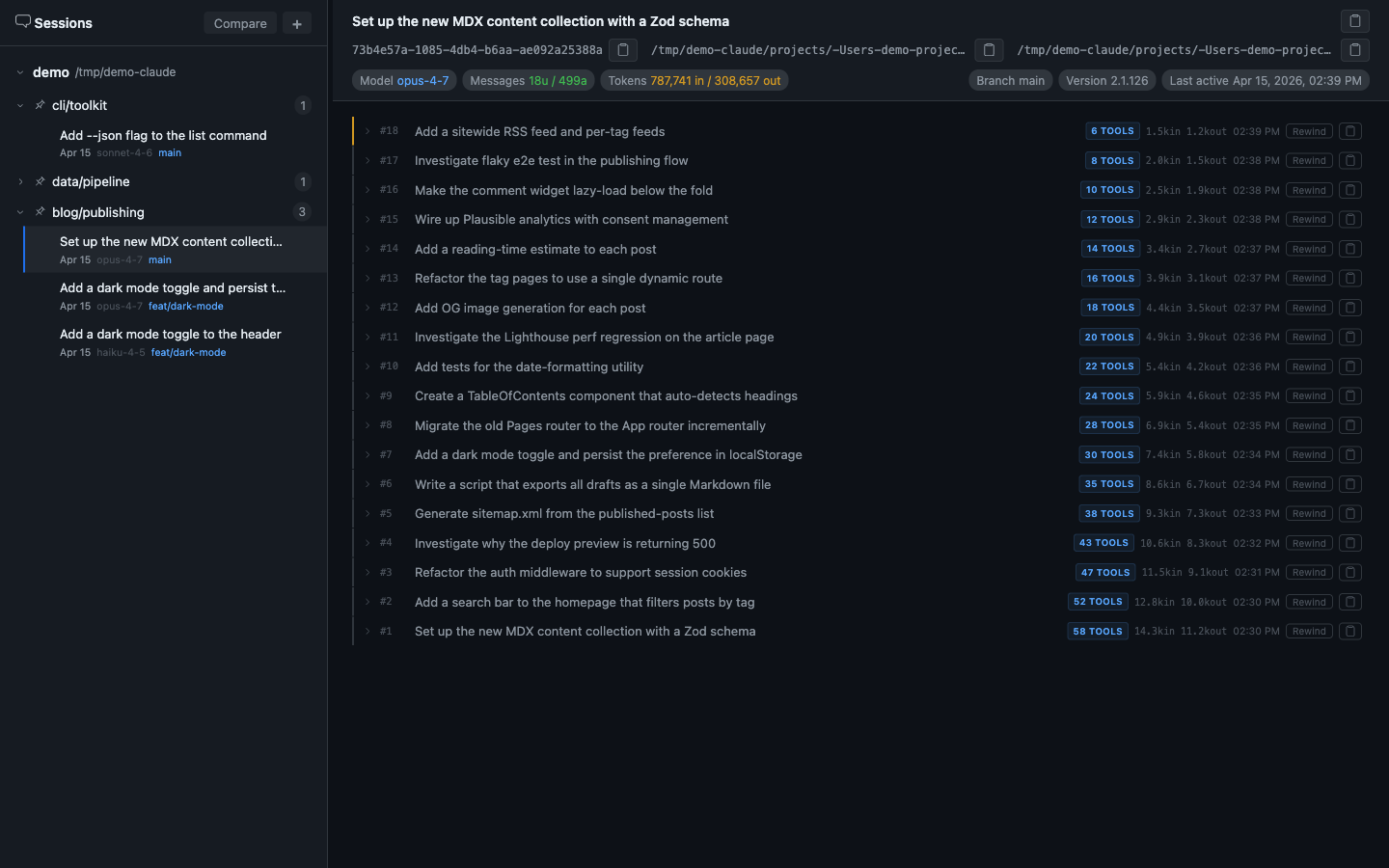cc-session-viewer showing 18 checkpoints for a single session — each with tool count and timestamp